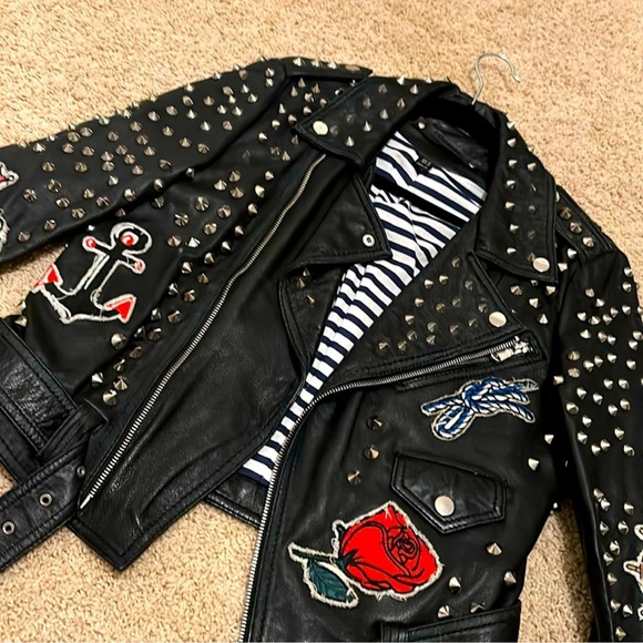Zara Black Studded Leather Jacket with Red and Blue Accents - Picture 1 of 10